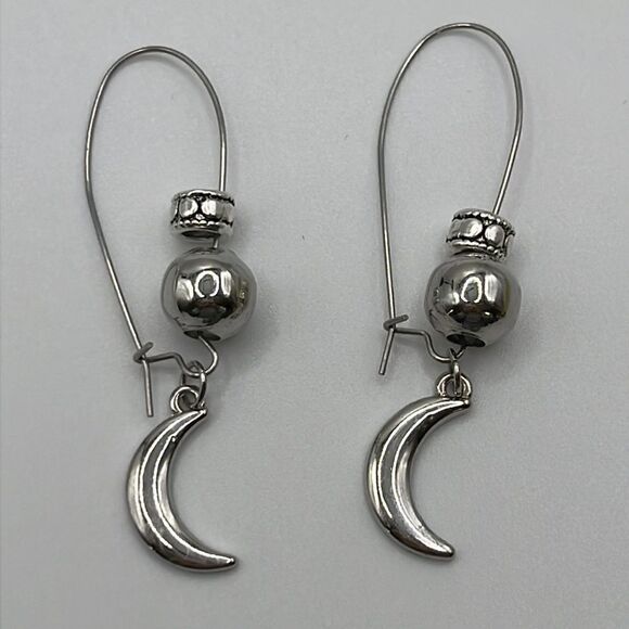 Silver-tone Drop Earrings with Beads and Silver-tone Large Moon Charms - Picture 9 of 12